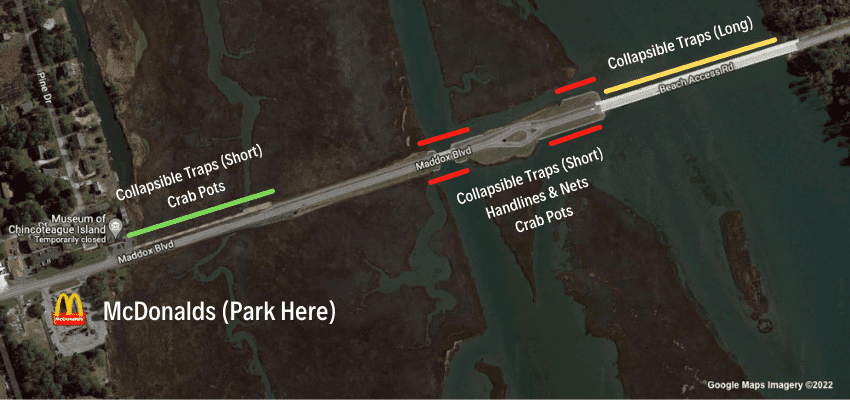 I labeled the spots you can crab along Maddox Blvd and Beach Access Rd. 